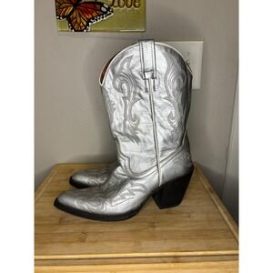 Eight Second Angel Womens Silver Metallic Leather Cowboy Boots Size 8 Mexico